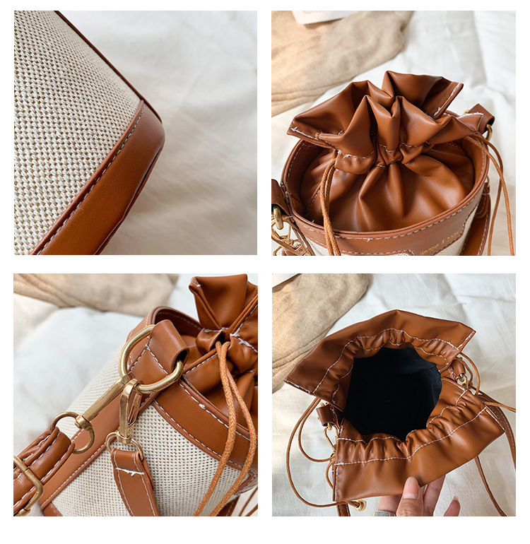 Synthetic Leather Lining Material Women's Medium Pu Leather Color Block Streetwear Sewing Thread Bucket String Bucket Bag