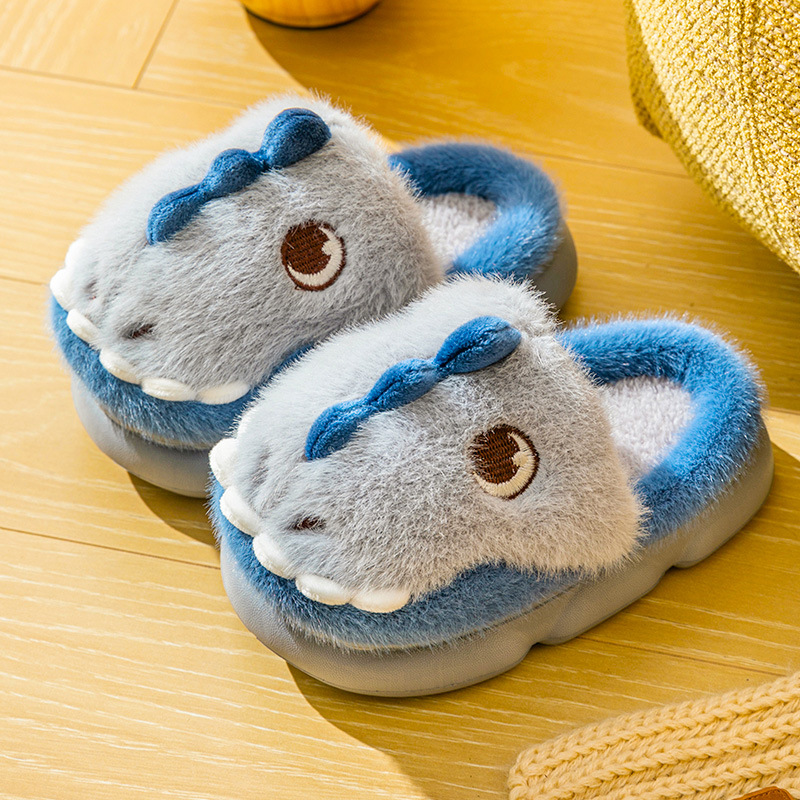 [Otoño e invierno nuevo] Zapatillas de lana para niños de invierno dibujos animados lindo dinosaurio bolsa talón Zapatillas de algodón para niños calientes