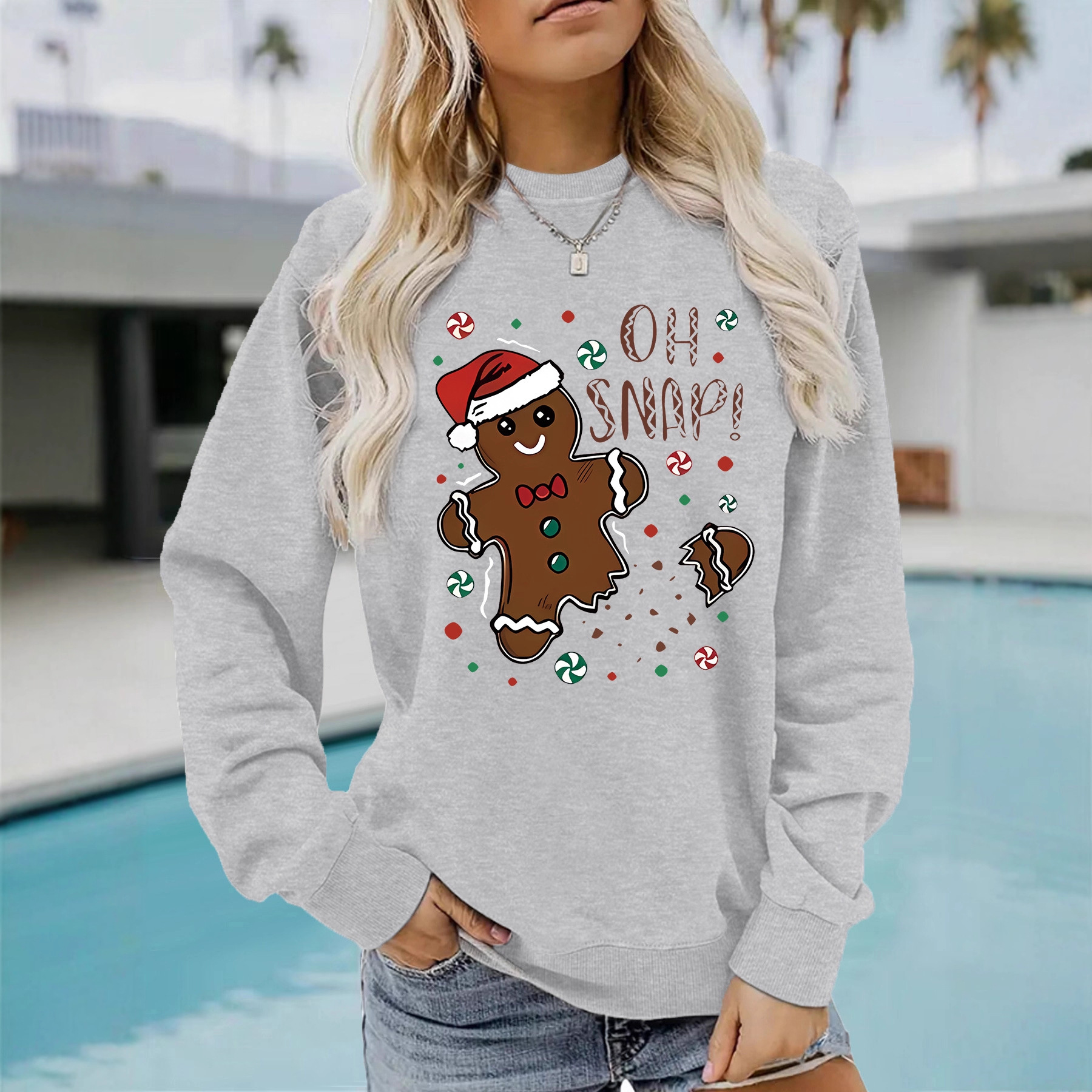 亚马逊跨境女春秋圆领秋冬外贸欧美圣诞姜饼图案印花休闲长袖卫衣