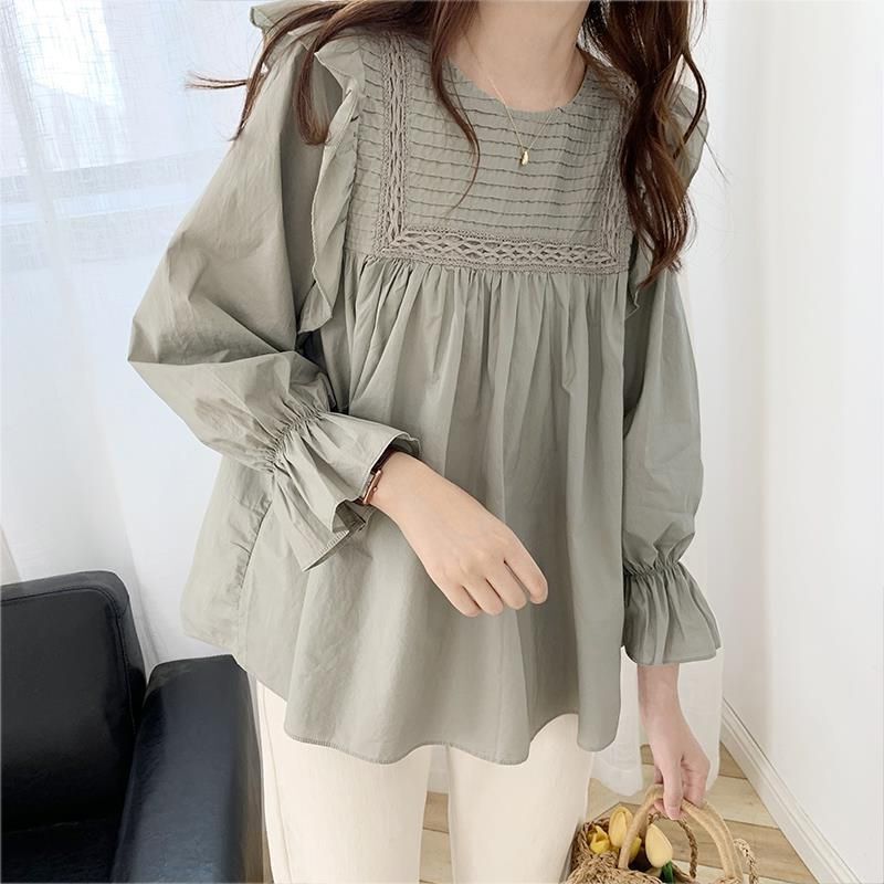 Spring and Autumn New Korean Style Ruffled Doll Shirt Pregnant Women's Top Women's Solid Color All-match Round Neck Pleated Shirt for Women
