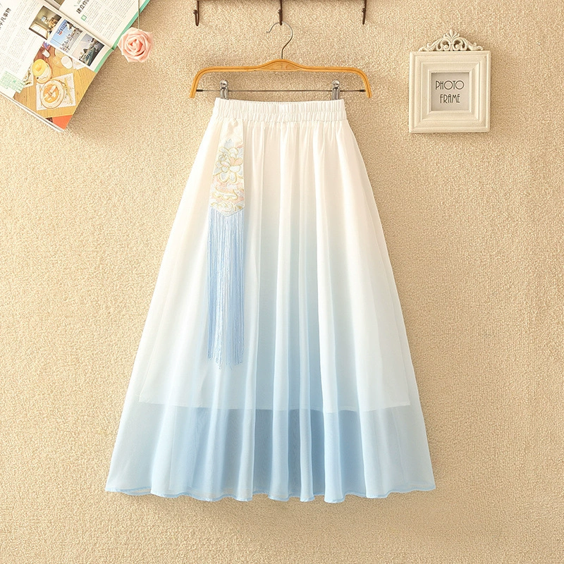 Новая шифоновая юбка в китайском стиле с вышивкой цветов, юбка средней длины в литературном стиле ретро, ​​синий чайный костюм дзен