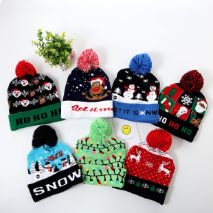 Cross-border autumn and winter fashion Christmas Christmas hat LED lamp knitted hat colorful luminous warm adult with ball cap