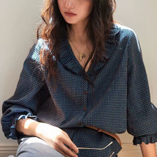 法式复古V领荷叶边格子衬衫女秋季2025新款宽松长袖衬衣