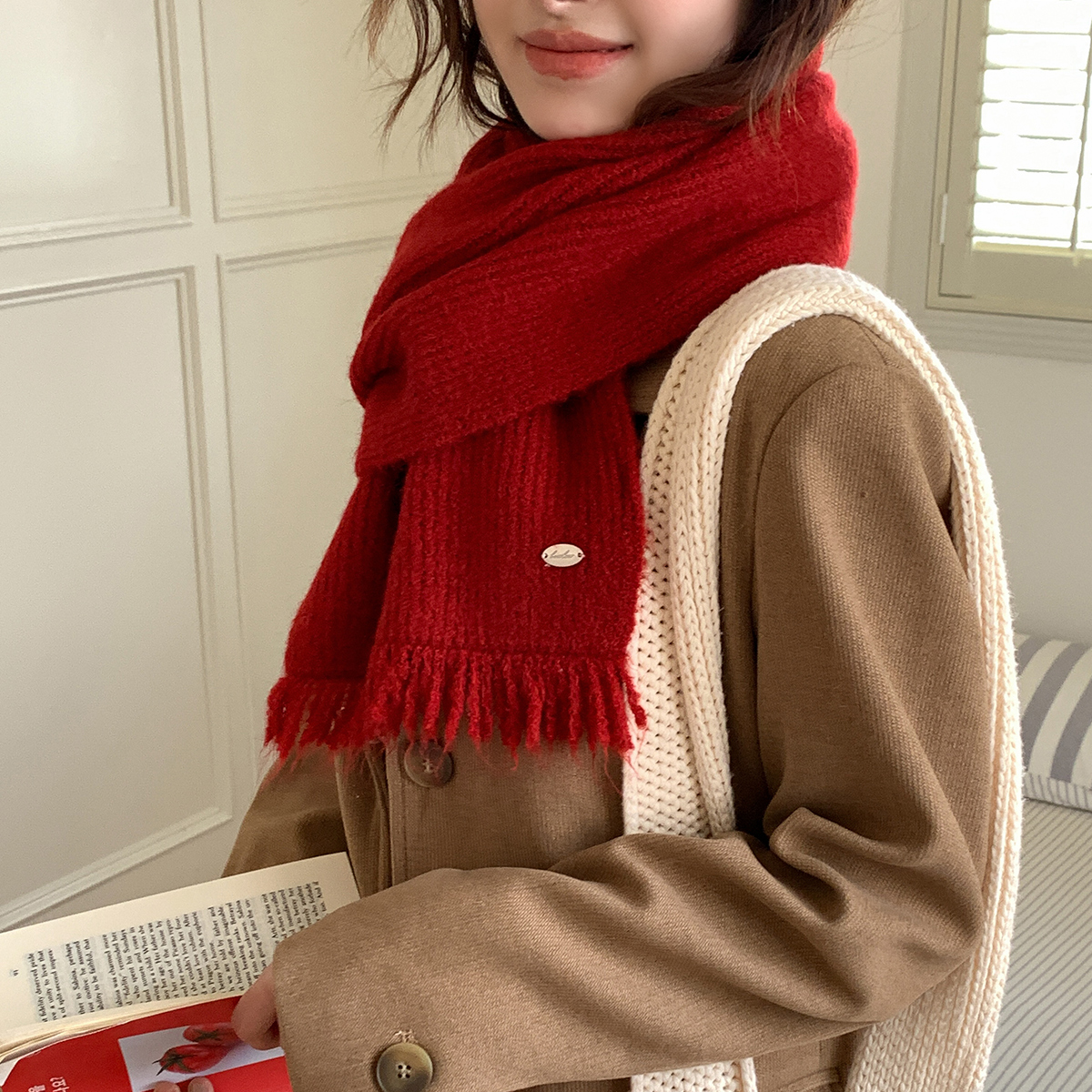 Winter Japanese solid color keep warm knitted elegant retro scarf…