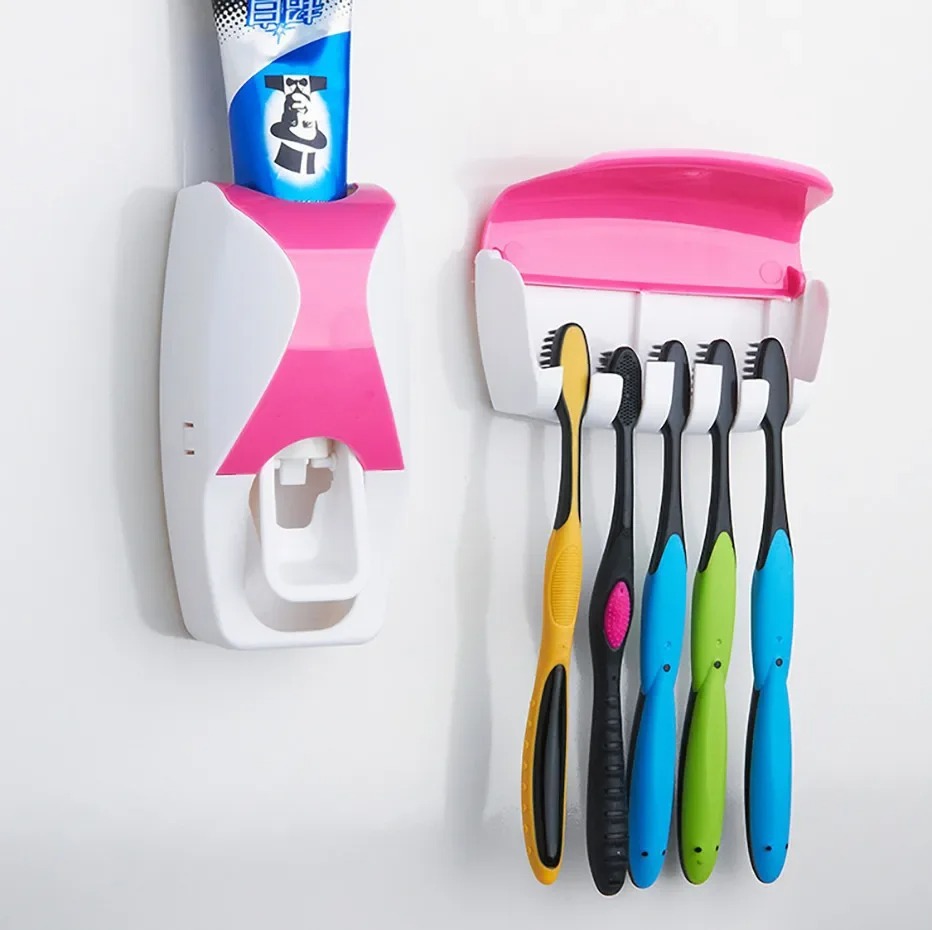Wall-mounted Holder For Home Bathroom, No-drill Automatic Toothpaste Dispenser And Toothbrush Storage Rack Set_voghion.com