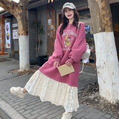 太ったM2-300斤のベルベットのレースは長袖のガードルのスカートの女性のゆるい減齢の小さい背の長いワンピースをつなぎ合わせます