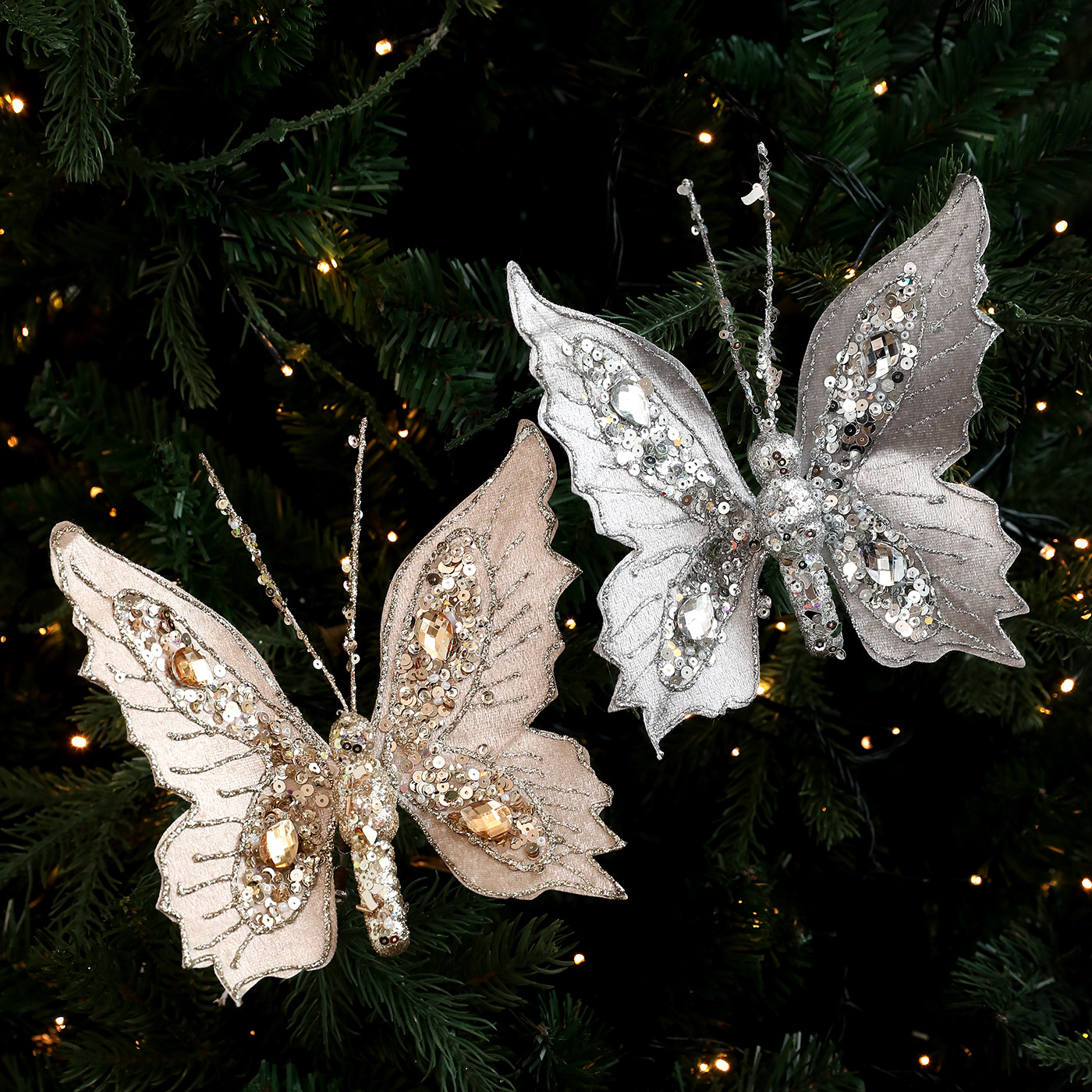 Nuevos productos de simulación de color polvo brillante sequinado clip mariposa árbol de Navidad polvo perla clip decoración colgante