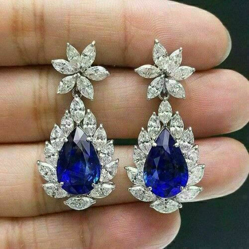 Cao Shi Luxury Fashion Colorful Treasure Earrings Exaggerate Water Drops Pear Shaped Diamond Earrings Women's Treasure Blue Earrings_voghion.com