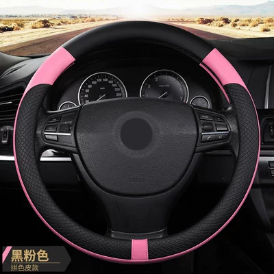 car handle cover, non-slip, Steering wheel cover - black-and-pink-patchworksteering-wheel-cover-38cm