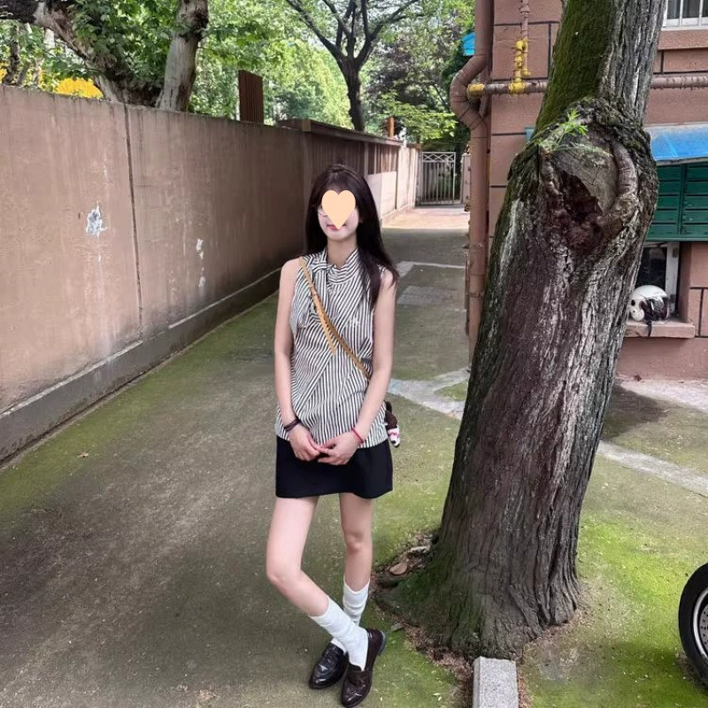 Корейский элитный топ без рукавов с воротником-стойкой и галстуком-бабочкой, женская летняя юбка трапециевидной формы, модный комплект из двух предметов