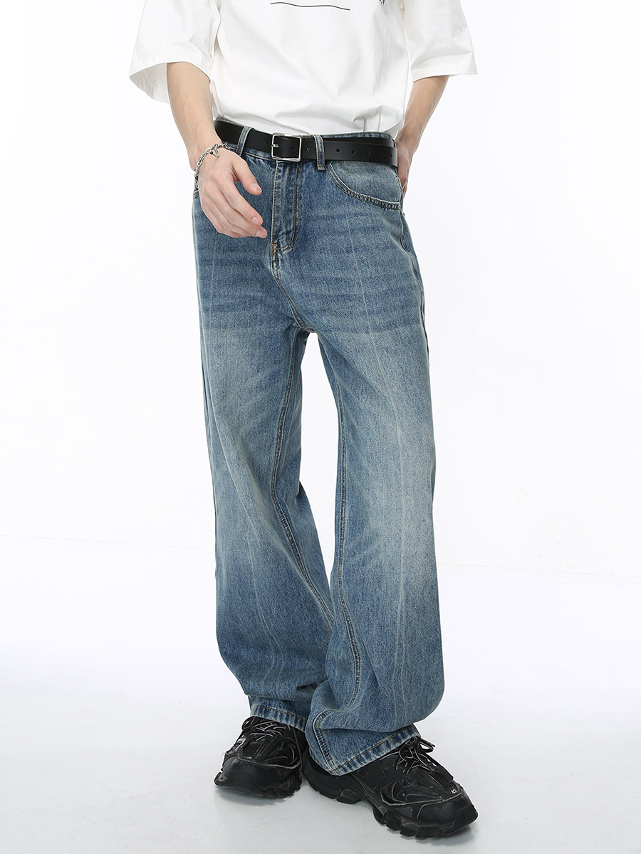 Ropa para hombre MTLCLOTHES | Vaqueros de pierna recta holgados, estilo coreano, desgastados, con efecto descolorido, para ir al trabajo y uso diario.