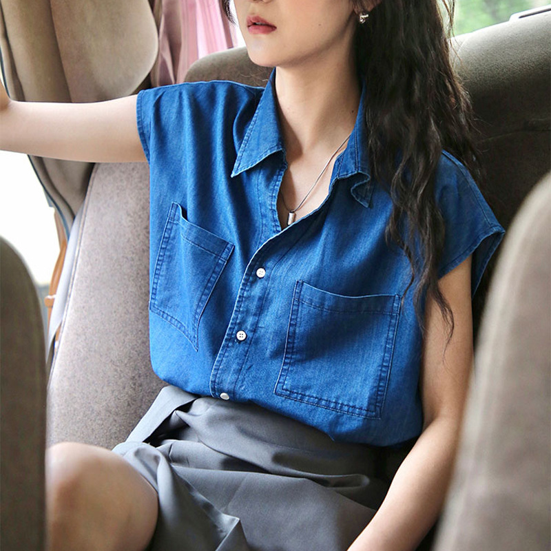 Áo hai dây nữ cổ POLO phong cách retro Hong Kong, form rộng đi làm — màu xanh đậm chi tiết 3