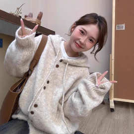 连帽毛衣开衫女秋冬季韩系宽松慵懒风针织衫外套软糯上衣