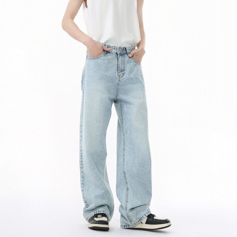 MTLCLOTHES men's | Korean version of the four seasons washed light blue Joker straight tube commuter casual jeans tide