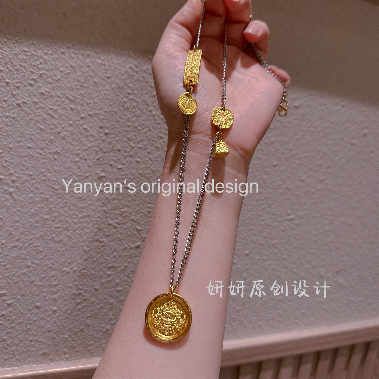 新款鑒刻黃財神扎吉拉姆吊墜電鍍鏈條古法沙金配件項鍊男女同款