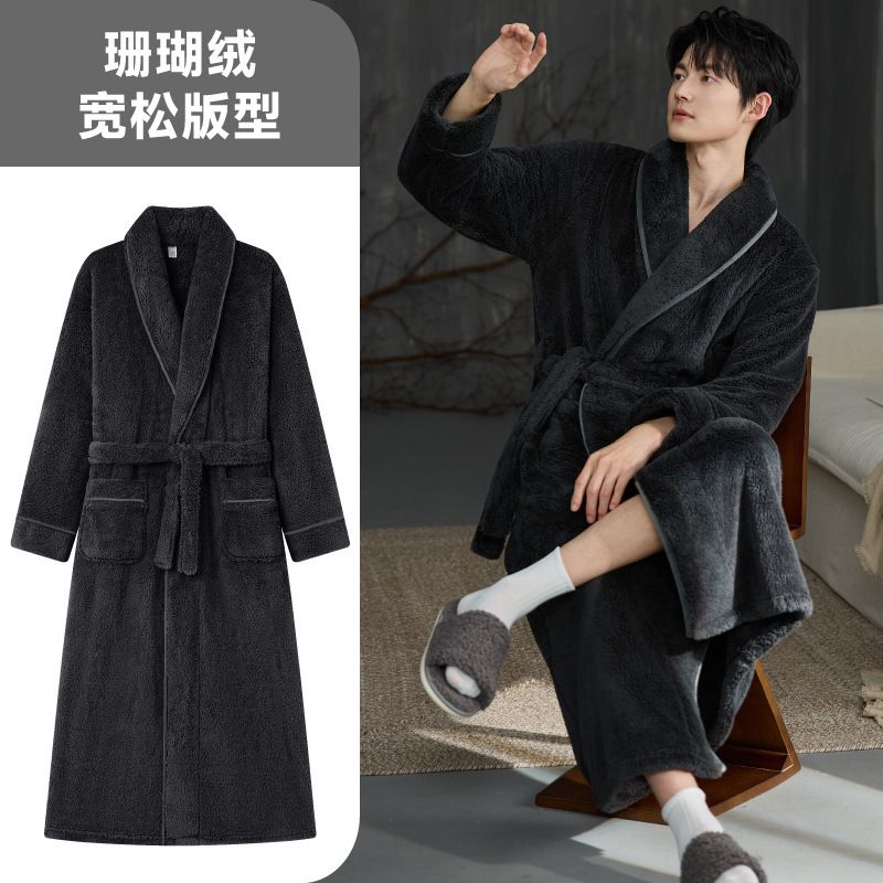 300G秋冬睡袍男士大码宽松浴袍2025珊瑚绒加厚加绒青少年家居服男|undefined