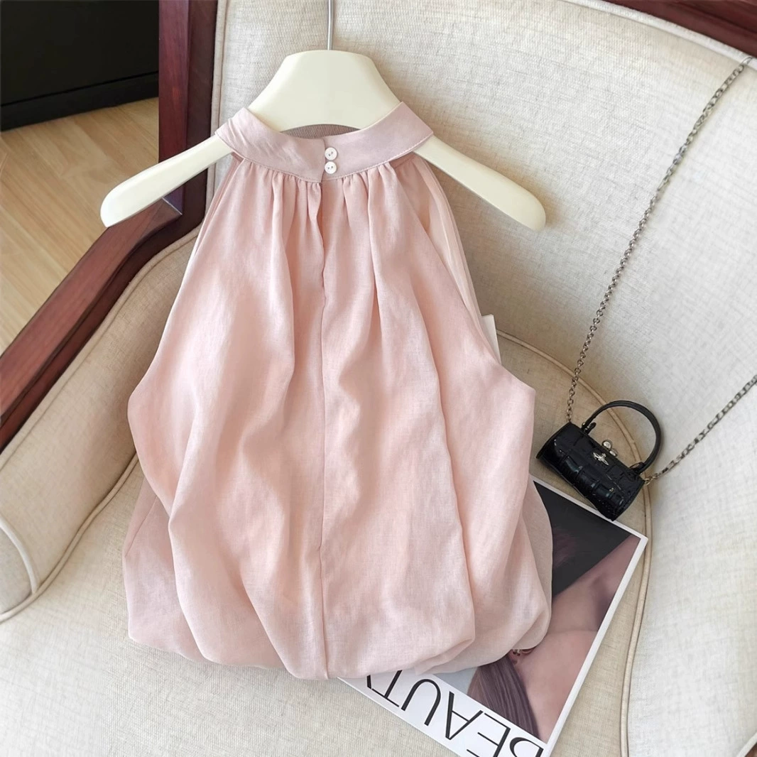 Розовый укороченный топ из хлопка и льна с бретелькой на шее для женщин, летний наряд, стиль чистого желания, блузка, закрывающая живот.