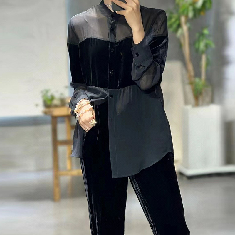 GraceChic GraceChic GraceChic Wom's Fashion Station 25 nuove camicette in velluto di seta patchwork in rete trasparente alla moda europea per_voghion.com