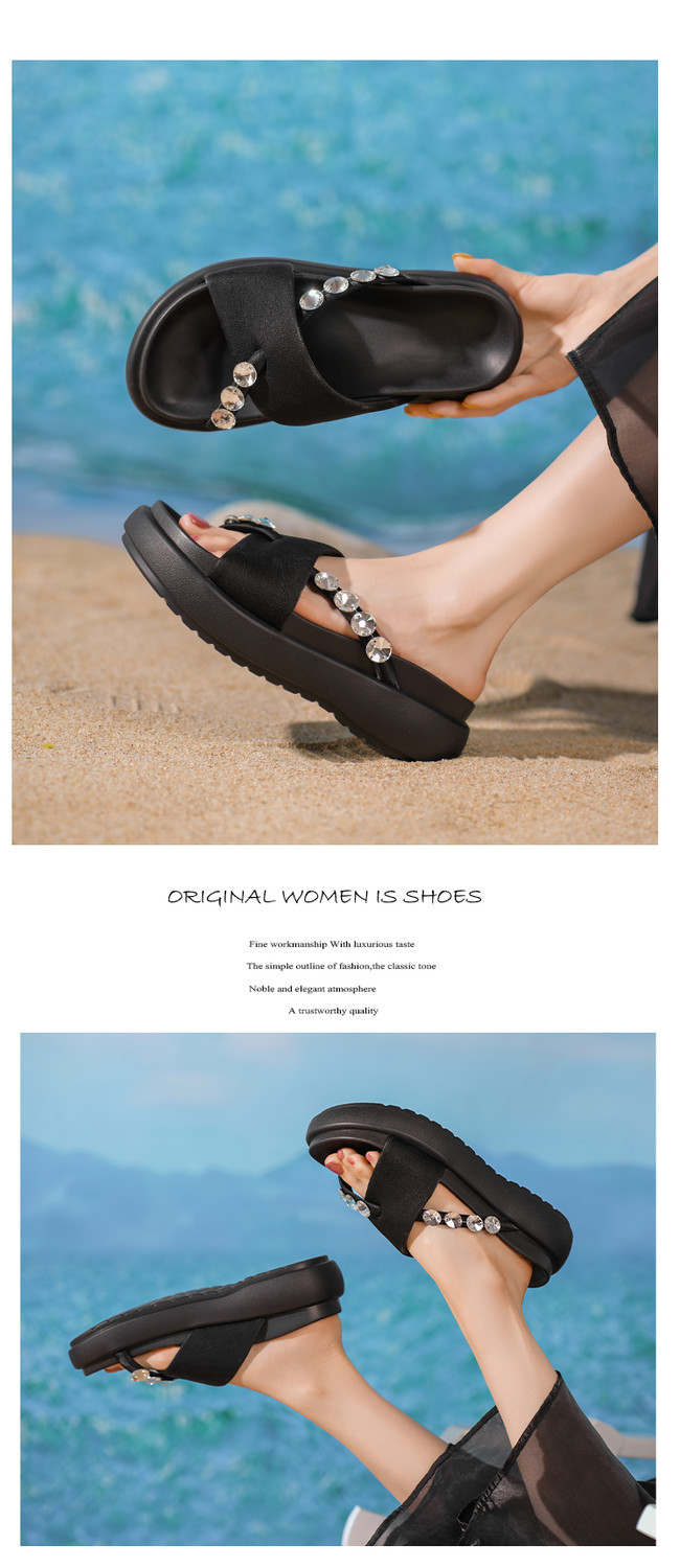 Dép sandal nữ xỏ ngón đế xuồng đính đá pha lê, đế dày thoải mái, đi biển mùa hè — đen, bạc chi tiết 6
