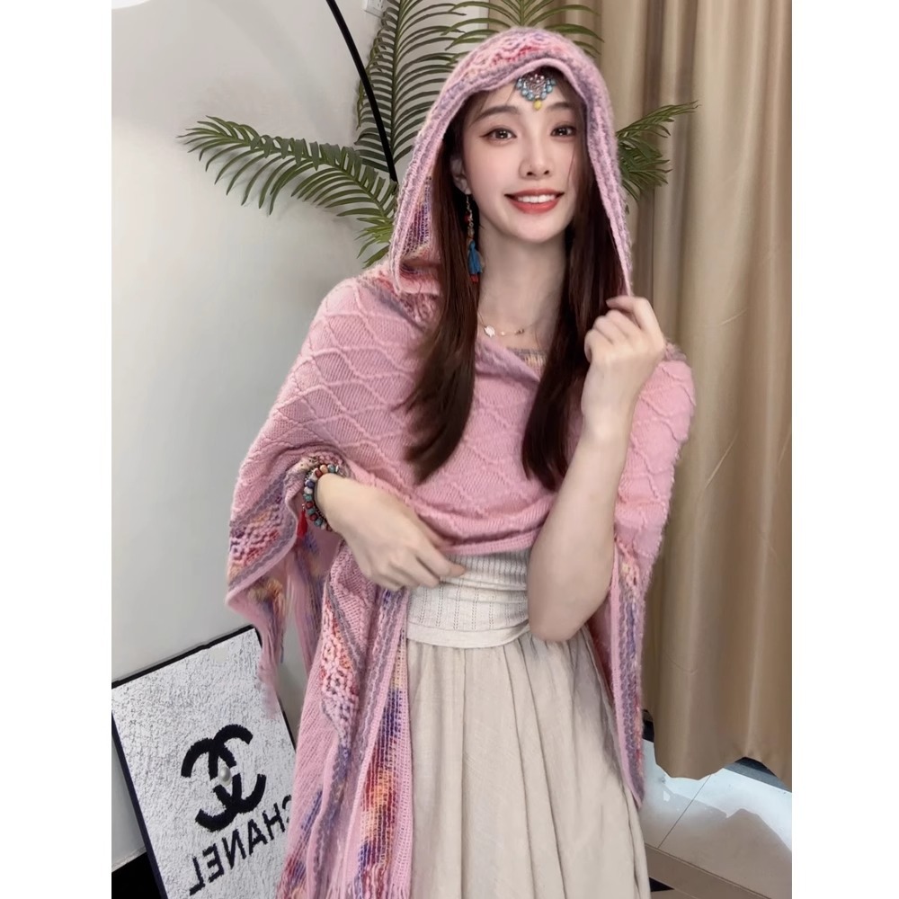 Nuevo chal de mujer, tiras de color, suéter de punto, foto de viaje, capa étnica de todo fósforo, capa de todo fósforo, viaje