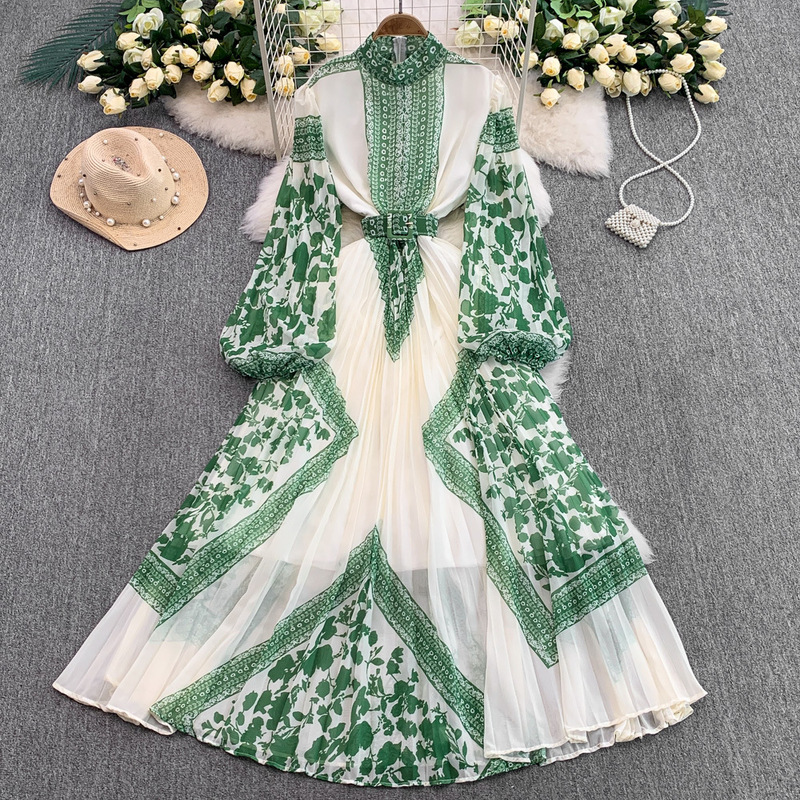 Vintage Elegant Printed Collar Lantern Sleeve dress Women's Summer New Tight Waist Slimming Pleated Long Skirt