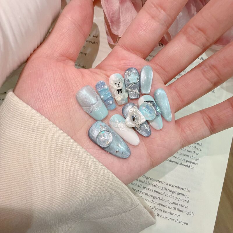 Blue Deep Sea Bubble Handmade Wearable Nails, Short Style, Cute and Unique Cat Eye Manicure, Little Bear Squishy Nails Blue Deep Sea Bubble Handmade Wearable Nails, Short Style, Cute and Unique Cat Eye Manicure, Little Bear Squishy Nails