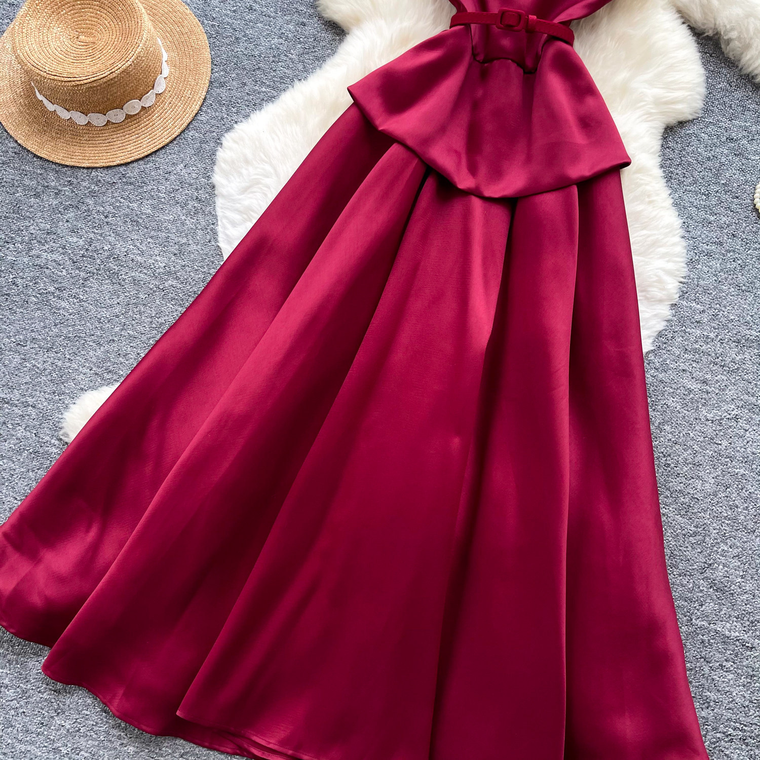 Elegant High-Waisted A-Line Dress Red Lace Peter Pan Collar Summer Commute Suitable Women's Clothing_ecoleips.com