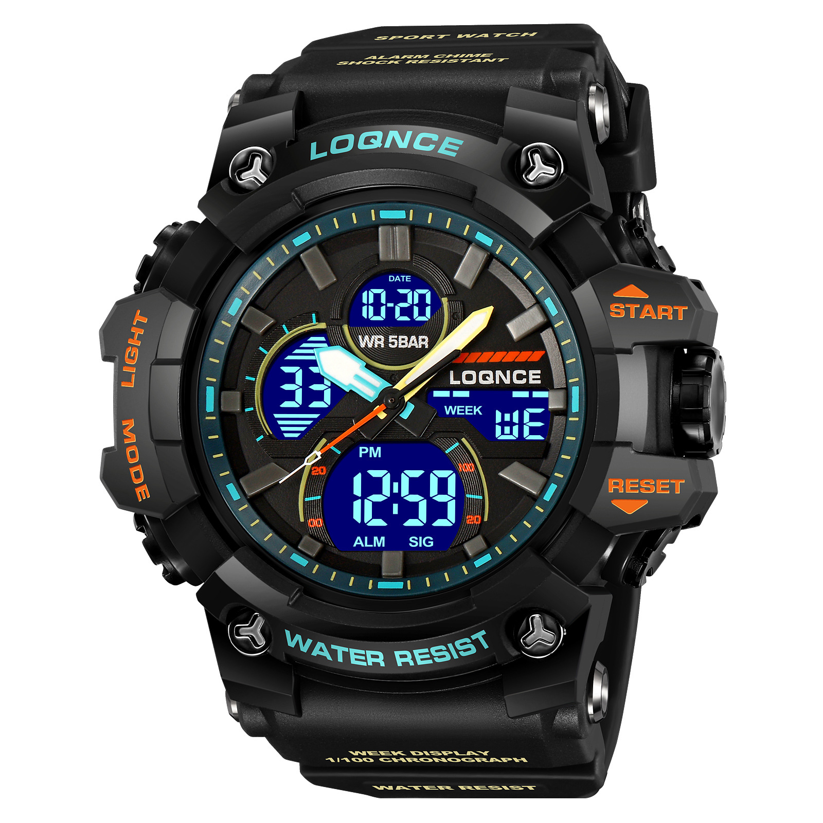 LOQNCE gran dial reloj deportivo nocturno electrónico multifunción cronógrafo cinta adhesiva reloj de pulsera 98007