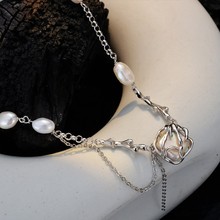 X2067 方形巴洛克珍珠吊坠S925纯银个性项链女小众冷淡风锁骨链