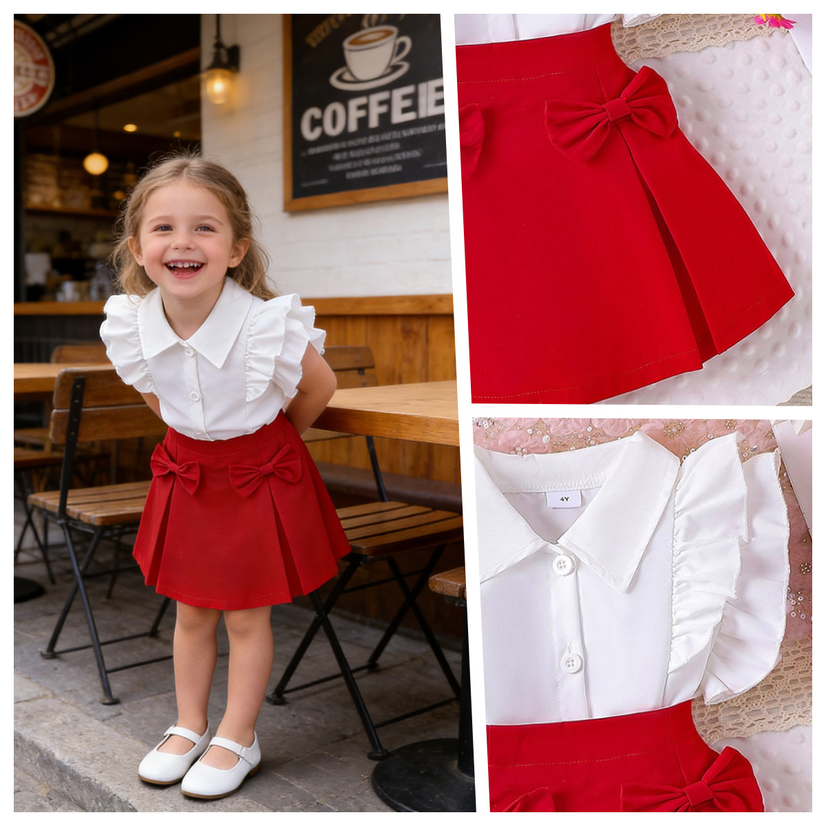 Foreign trade cross-border Europe and the United States summer new girls suit children's lapel lace sleeve shirt bow skirt