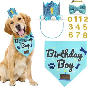 Ins Pet Birthday Party Crown Cat Dog Bow Tie Triangle Scarf Set Birthday Decoration Supplies