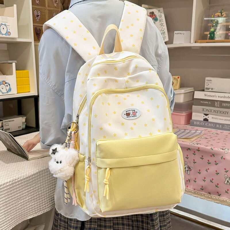 New stylish star-patterned color-block backpack, a large-capacity and lightweight school bag for elementary and middle school girls, perfect for high school and college New stylish star-patterned color-block backpack, a large-capacity and lightweight school bag for elementary and middle school girls, perfect for high school and college
