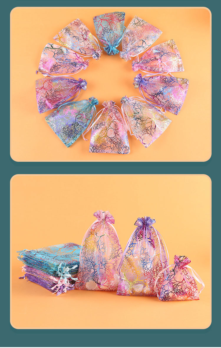Gilding Colorful Coral Transparent Yarn Drawstring Bundle Mesh Bag Jewelry Packaging