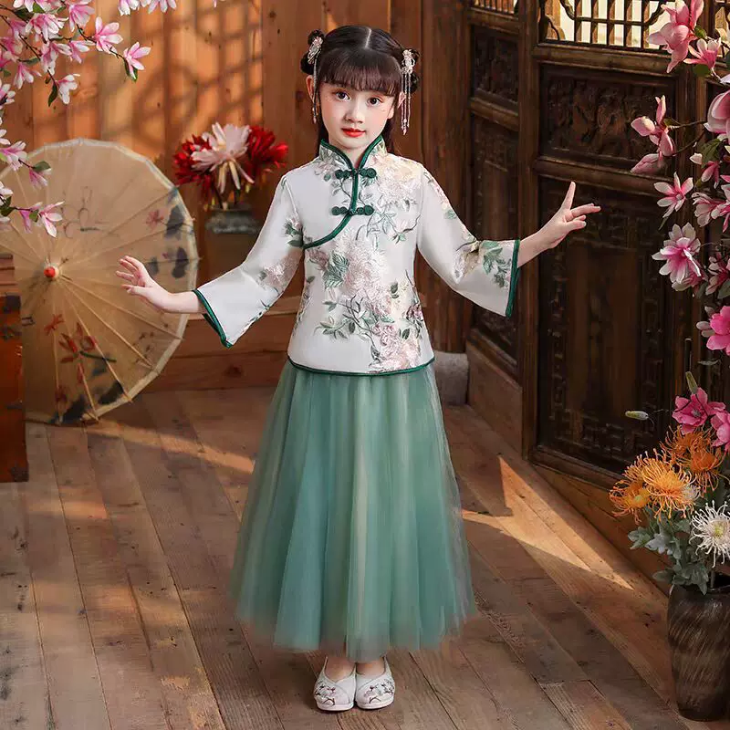 女童汉服旗袍2024新款小女孩古风超仙唐装两件套中国风公主裙秋季