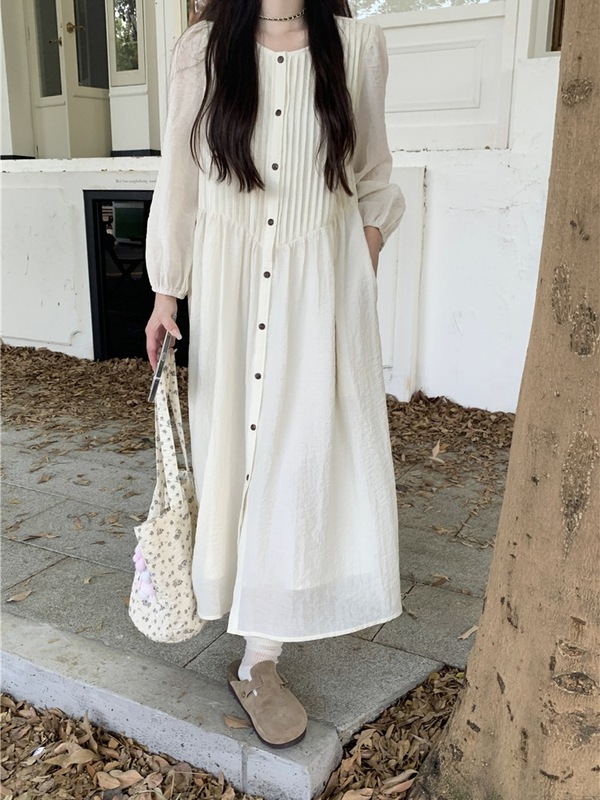 秋装2025系褶皱长袖连衣裙女新款设计感高腰宽松长款内搭A字裙子|undefined