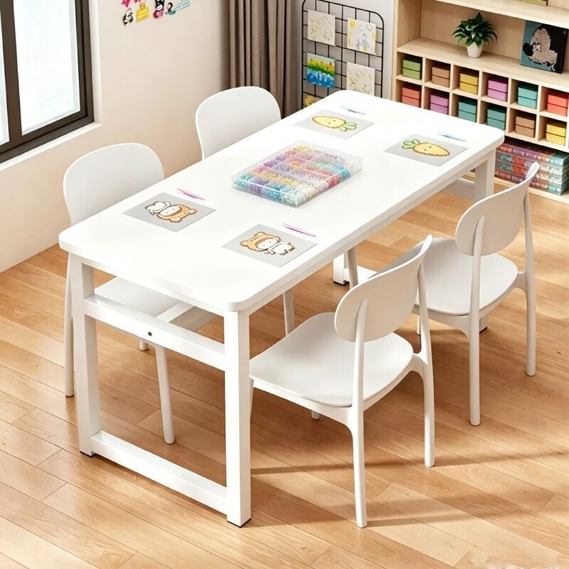 Single-layer, minimalist double desk with a reinforced steel frame, suitable for use as a computer desk, art studio table, or for craft and beadwork projects, and also as a training table for workshops