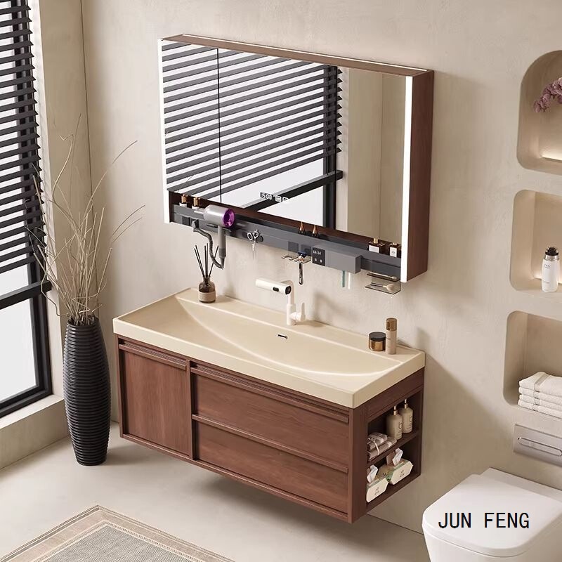 Medieval-Style Walnut Bathroom Cabinet with Gold-Plated Stone Ocean Integrated Basin, Smart Mirror Cabinet, Side-Opening Storage, Washbasin, and Bathroom Fixtures