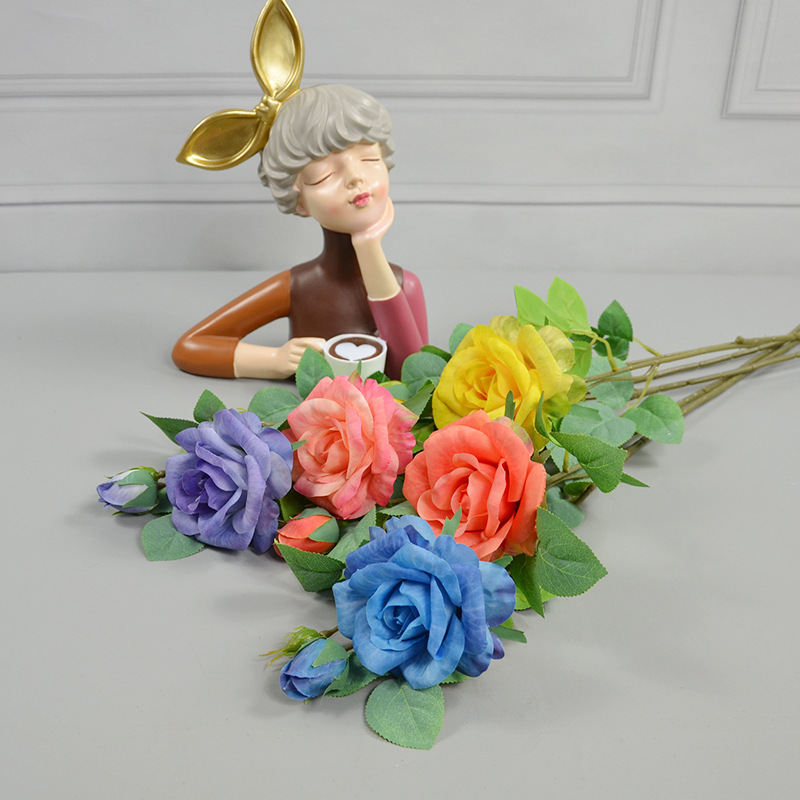 Artificial Flowers 3D Printed 2-Headed Roses Fake Flowers for Living Room and Bedroom Decoration Dining Table Home Silk Rose Flowers