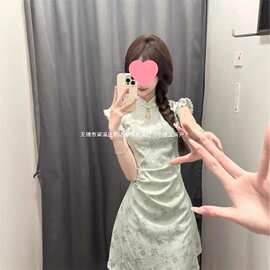 新中式改良旗袍连衣裙女夏收腰小飞袖绿色大码女装高级感春季新款