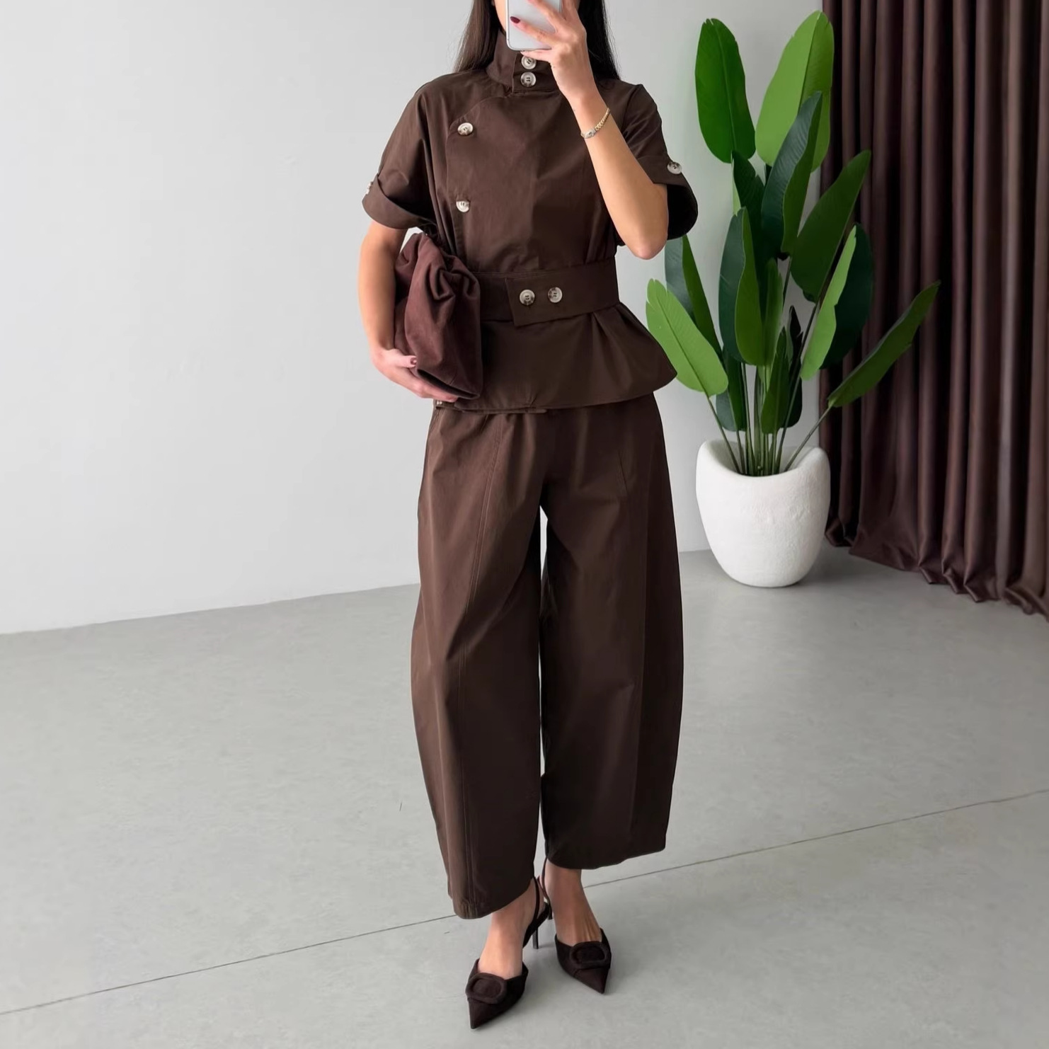 26 European and American Amazon Cross-Border Foreign Trade Women's New Fashion Commuter Style Buttoned Stand-Collar Waist-Cinching Top and Straight-Leg Pants Set