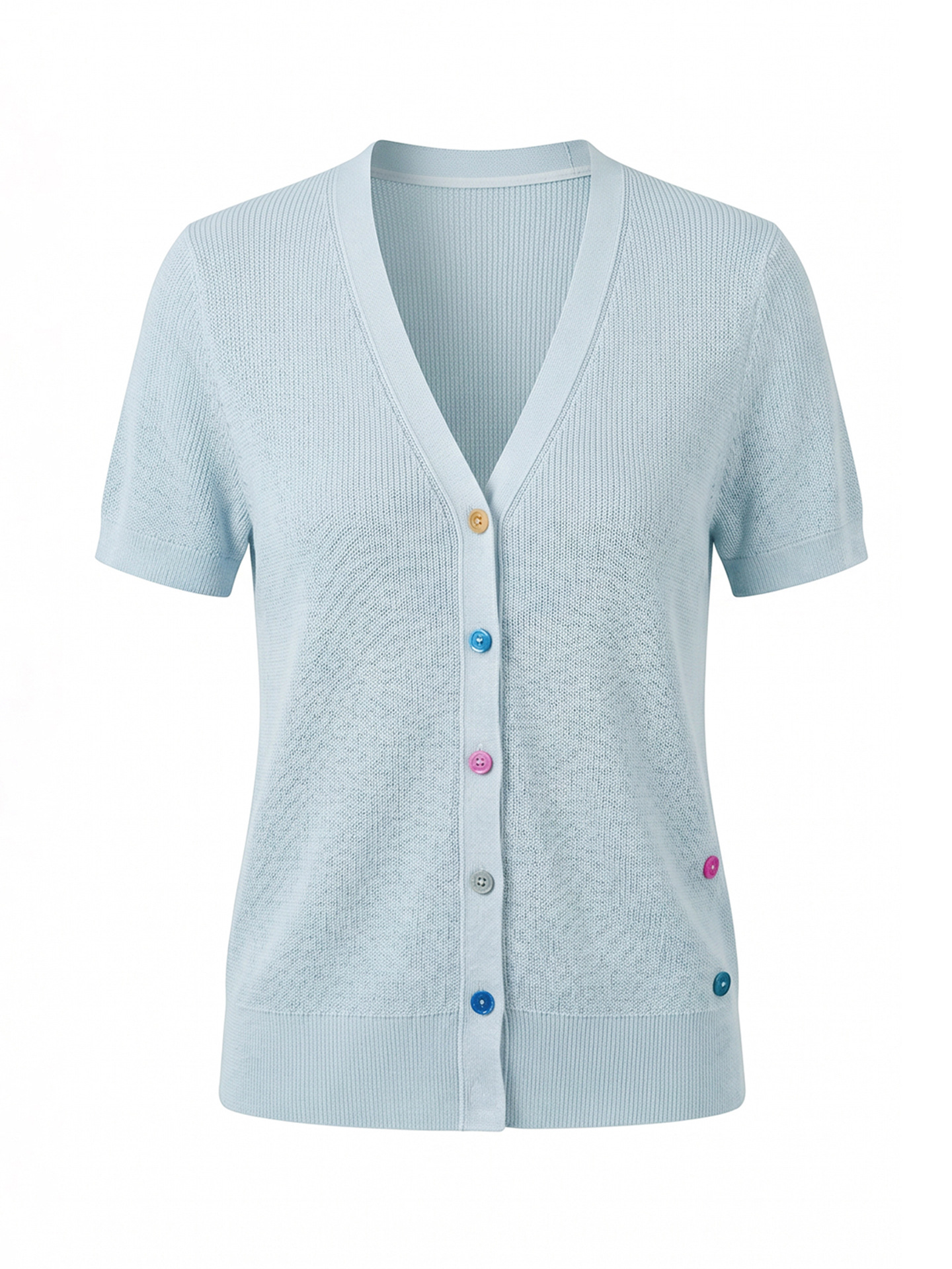 Áo cardigan nữ cổ V dệt kim sợi lanh siêu mịn, cúc màu, thoáng mát mùa hè — xanh lam