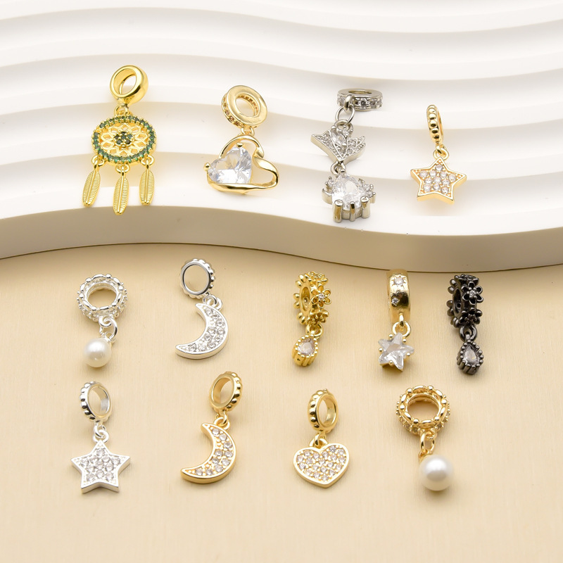 18K gold-plated silver color micro-inlaid zircon moon love pendant bead DIY bracelet hanging buckle dream catcher pendant