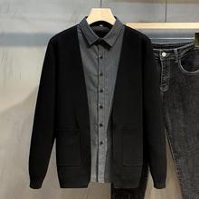假两件针织开衫男冬季韩版时尚百搭拼接衬衫领外套男黑色毛衣潮牌
