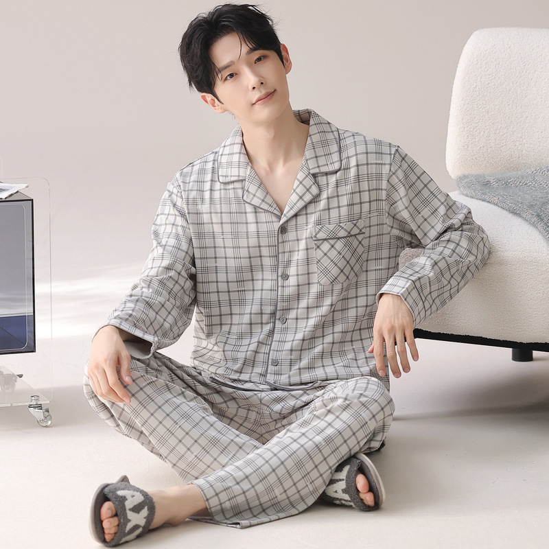 Men's Pajamas Spring and Autumn Pure Cotton Long-Sleeved Cardigan Set Young Men's Plaid Loose Casual Large Size Home Clothes