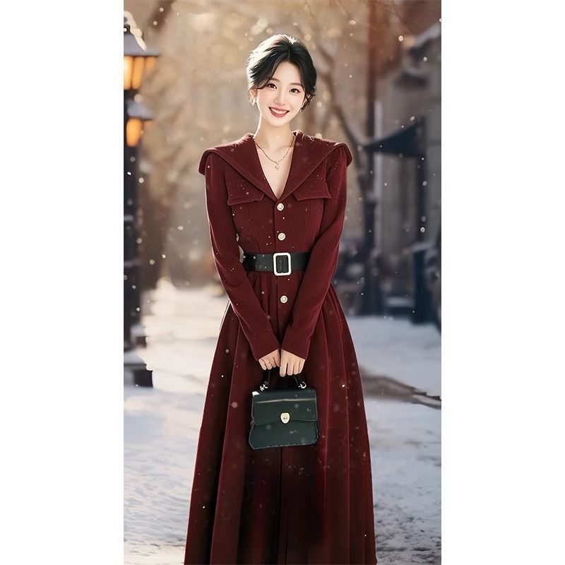 超好看独特红色长袖连衣裙女2025春秋新款漂亮新年收腰漂亮长裙子|undefined