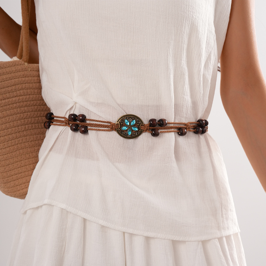 Estilo étnico retro, diamante, cuerda de cáñamo, cuentas de madera, cadena de cintura tejida redonda, personalidad, temperamento de nicho, cinturón de alta gama, mujer