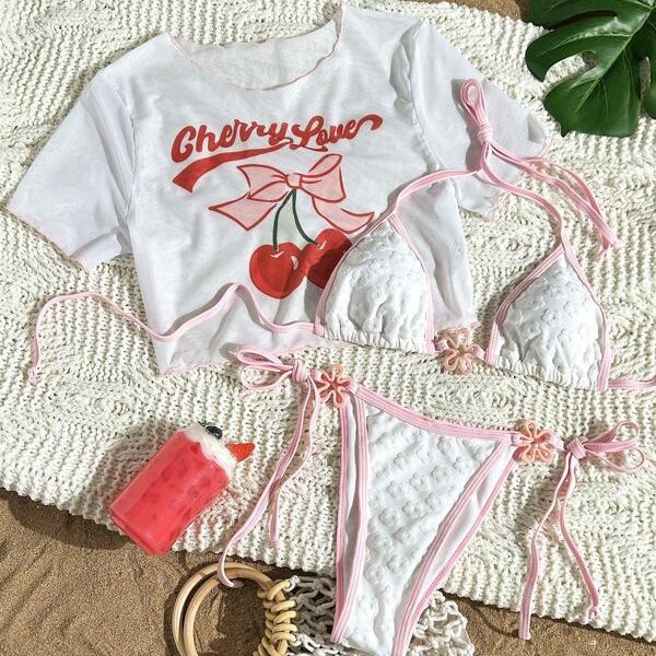 Women's Clothing Women's Short Sleeved Three Piece Bikini Set Patterned Print Tie Up Swimsuit Quick-Dry Polyester, Modest Coverage_voghion.com