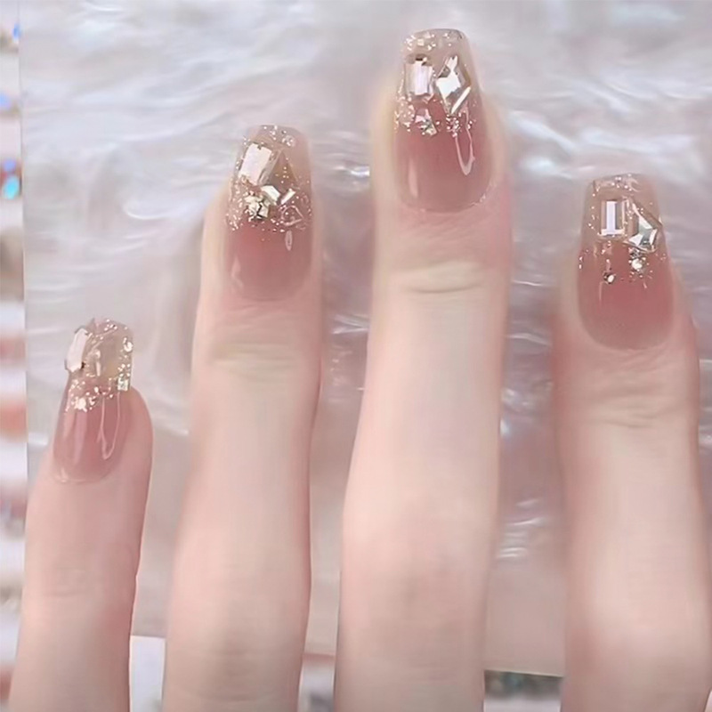 Cross-Border 24-Piece Short Press-On Nails Champagne Blush Short Tapered Nails Luxury Rhinestone Nail Pieces Press-On Nails