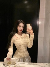 2025新款秋装小香风重工钉珠钻扣网纱蕾丝拼接翻领长袖蕾丝衫女潮