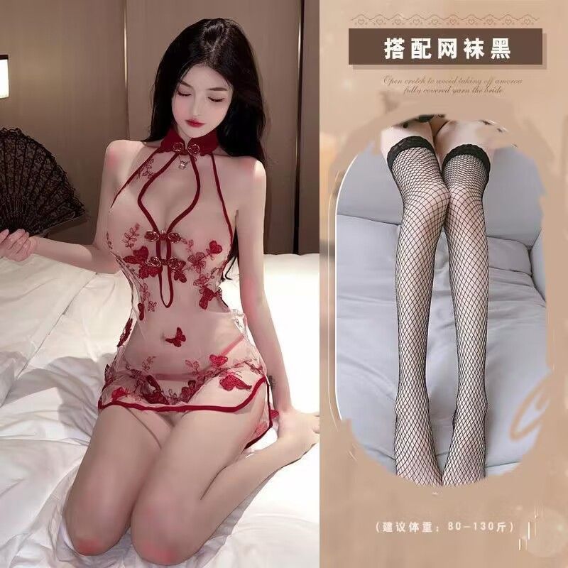 버건디 옥나비(치파오+속옷)+검은망사스타킹